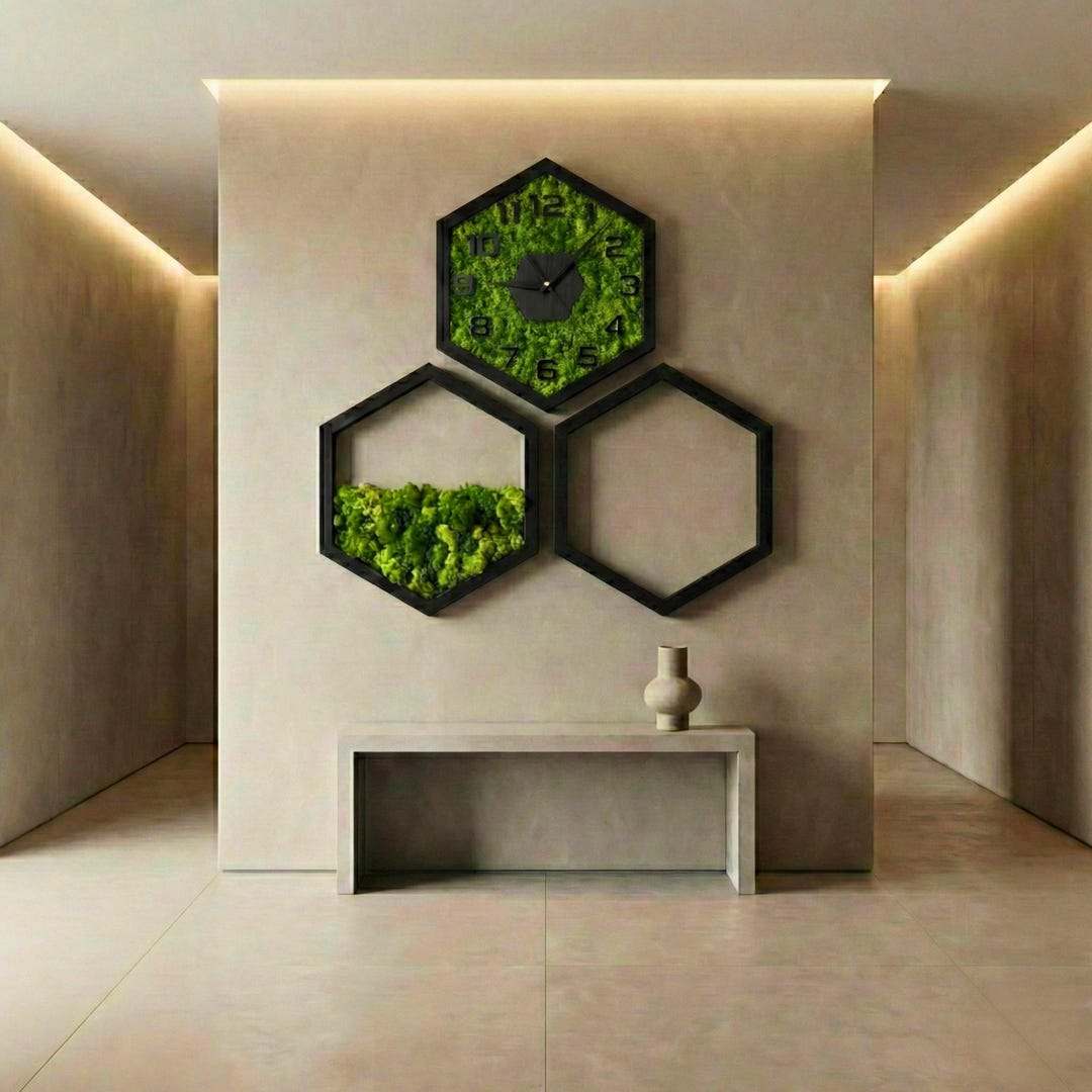 Hexagon Moss Wall Clock Handmade 3D Wood Modern Home Decor - Etsy