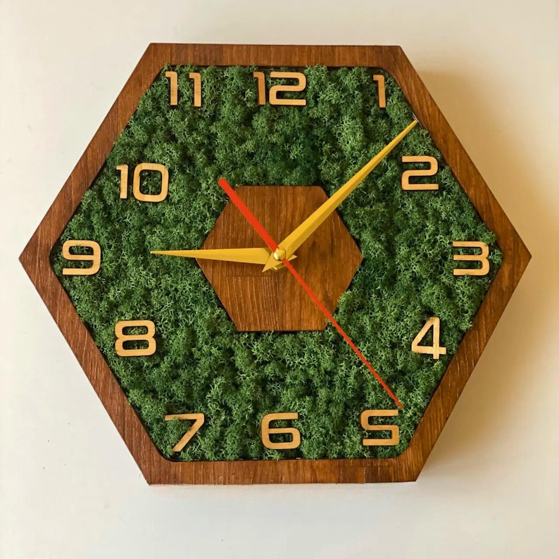 Hexagon Moss Wall Clock Handmade 3D Wood Home Decor Sculpture - Etsy