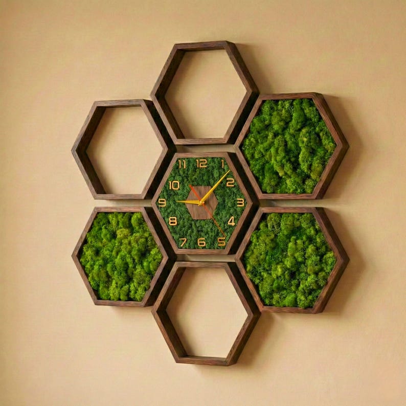 Hexagon Moss Wall Clock Handmade 3D Wood Home Decor Sculpture - Etsy