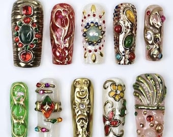 Luxury Baroque Press On Nails | Gothic Gold 3D Gemstone Nails | Handmade Jeweled Nail Art