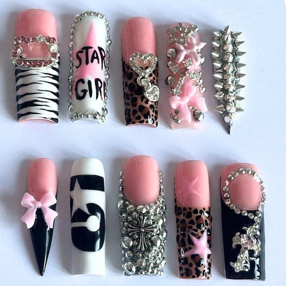 Y2K Pink Bling Acrylic Nails | Leopard Zebra Nail Set | Handmade 3D Charm Fake Nails
