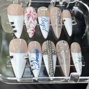 Handmade Angel Cross French Tip Nails, Gothic Lily Spider Web Y2K Punk Set