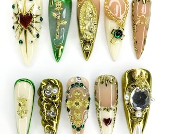 Gothic Baroque Press On Nails | Gold, Green, Religious Art