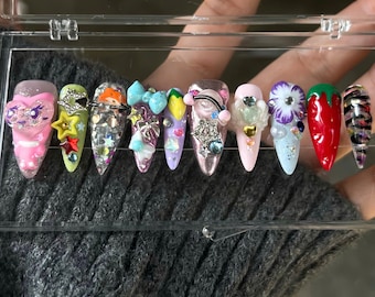 Handmade Kawaii 3D Press On Nails, Cartoon Y2K Stiletto False Nails