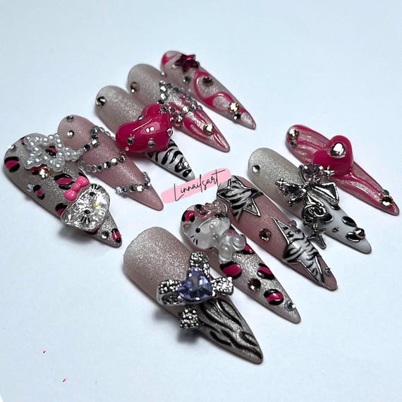 Y2K Press On Nails | Pink Rhinestone 3D Charm Nail Art