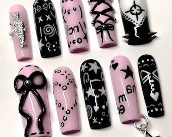 Pink-schwarze Gothic-Press-On-Nägel | Y2K Handgefertigtes 3D-Nagelset mit Schleife und Kreuz