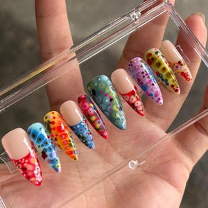 Colorful Abstract Press On Nails | Dot Art Jelly Fake Nails | Artistic Multicolor Nail Design image 6