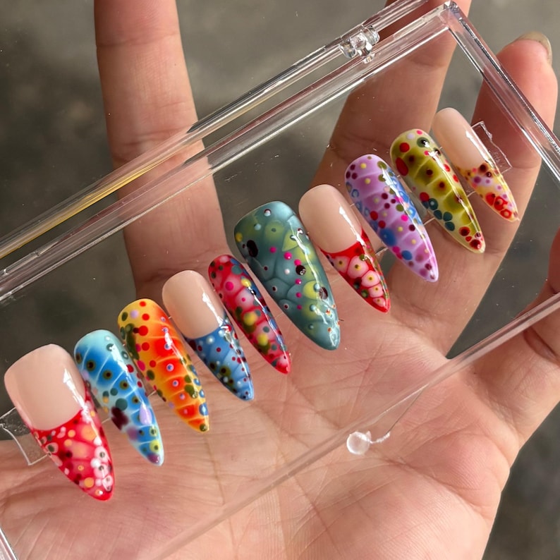 Colorful Abstract Press On Nails | Dot Art Jelly Fake Nails | Artistic Multicolor Nail Design image 6