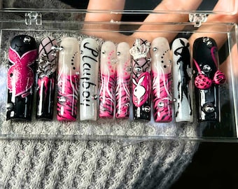Playboy Press On Nails Pink Black | Long Coffin Fake Nails | 3D Rhinestone Glam Y2K Nails Set