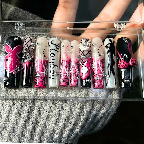 Playboy Press On Nails Pink Black | Long Coffin Fake Nails | 3D Rhinestone Glam Y2K Nails Set