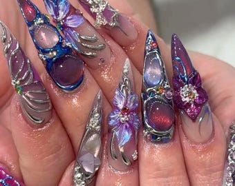 Galaxy Stiletto Press On Nails – 3D-statementset met chromen vlinderbloemen