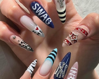 Aangepaste Y2K stiletto pers op nagels, blauw wit kruis strass gothic acryl set