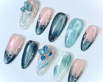 Handmade Green Ombre 3D Flower Press On Nails | Almond Nail Art