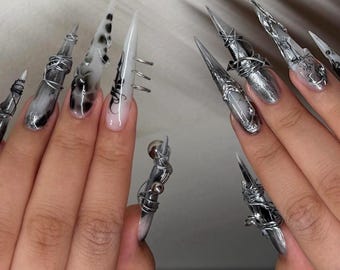 Handmade Chrome Gothic Stiletto Nails, 3D Wire Cyberpunk Y2K Set