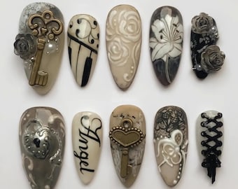 Vintage Gothic Press On Nails | Antique Key 3D Nails | Baroque Floral Luxury Nail Art