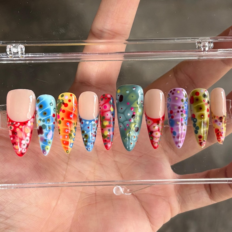 Colorful Abstract Press On Nails | Dot Art Jelly Fake Nails | Artistic Multicolor Nail Design image 4