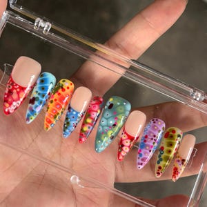 Colorful Abstract Press On Nails | Dot Art Jelly Fake Nails | Artistic Multicolor Nail Design image 5
