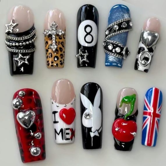 Y2K Gothic Press On Nails | 3D Charm, Leopard, Cross Designs