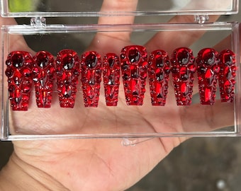 Red Rhinestone Press On Nails | Handmade Crystal Bling Coffin Set