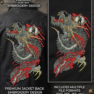May include: An embroidery design of a Japanese dragon on a black jacket back. The dragon is grey with red accents, sharp yellow claws, and a white orb. Text includes: ARTISAN THREADS JAPANESE DRAGON JACKET BACK, PREMIUM JACKET BACK EMBROIDERY DESIGN, INCLUDES MULTIPLE FILE FORMATS (DST, PES, JEF, etc.), INSTANT DIGITAL DOWNLOAD.