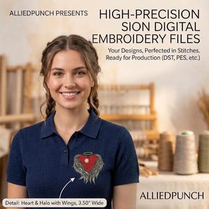 Op de afbeelding: Een marineblauw poloshirt met een borduursel van een rood hart met grijze vleugels en een halo. Tekst: ALLIEDPUNCH PRESENTS HIGH-PRECISION DIGITAL EMBROIDERY FILES. Your Designs, Perfected in Stitches. Ready for Production (DST, PES, etc.). Detail: Hart & Halo met vleugels, 8,89 cm breed.