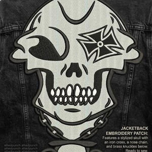 Skull Embroidery Design, Biker Jacket Back Patch, Iron Cross Skull with Chain Brass Knuckles, Large Machine Embroidery File