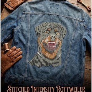 獰猛なロットワイラーの肖像をモチーフにしたミシン刺繍データ、大型ジャケット背面パッチ（デジタルダウンロード）