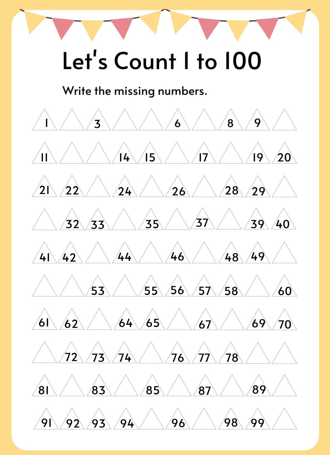 Printable 1-100 Missing Numbers Worksheet | Kids Number Practice ...
