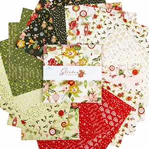 May include: A collection of fabric squares in various Christmas-themed patterns. The fabrics feature floral, holly, and ornament designs in red, green, and white. The center of the collection has a label that reads "Glisten" in script.