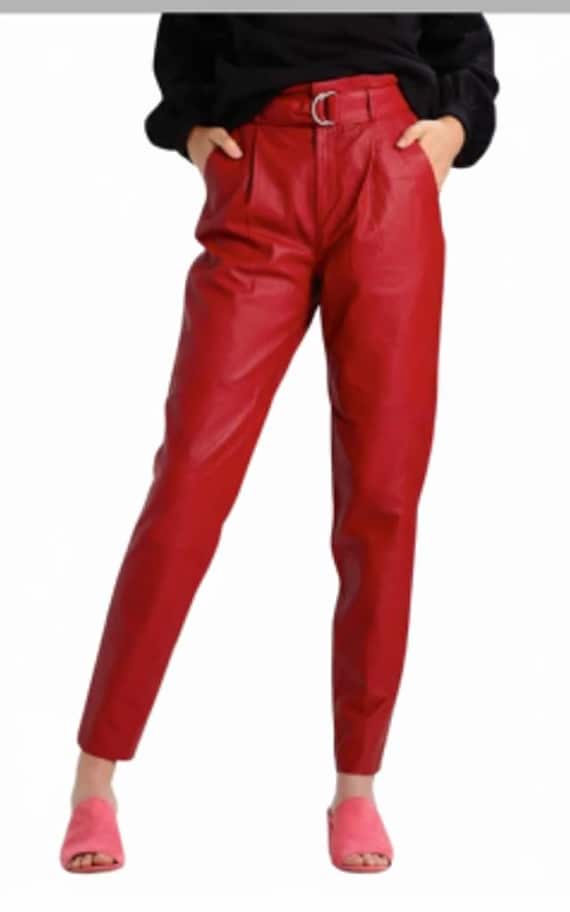 Red Lambskin Leather Pants For Women, Handmade Womens Leather Pants, Tapered red pants For Outerwear, Best Gift For Her