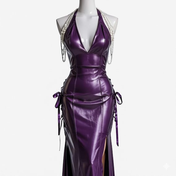 Anime Cosplay Dress: Purple Faux Leather Gown with Thigh Slits