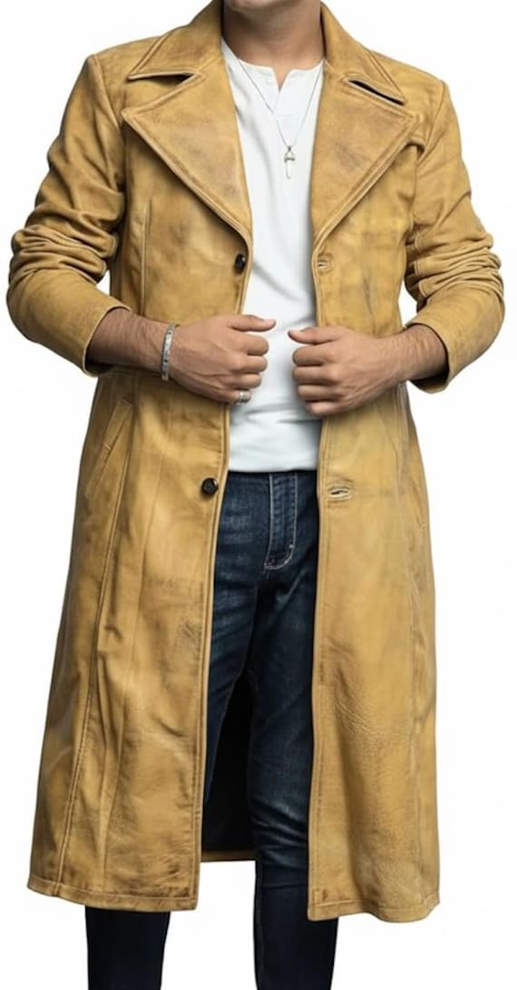 Men’s Distressed Yellow Leather Trench Coat – Full-Length Lambskin Duster Blazer