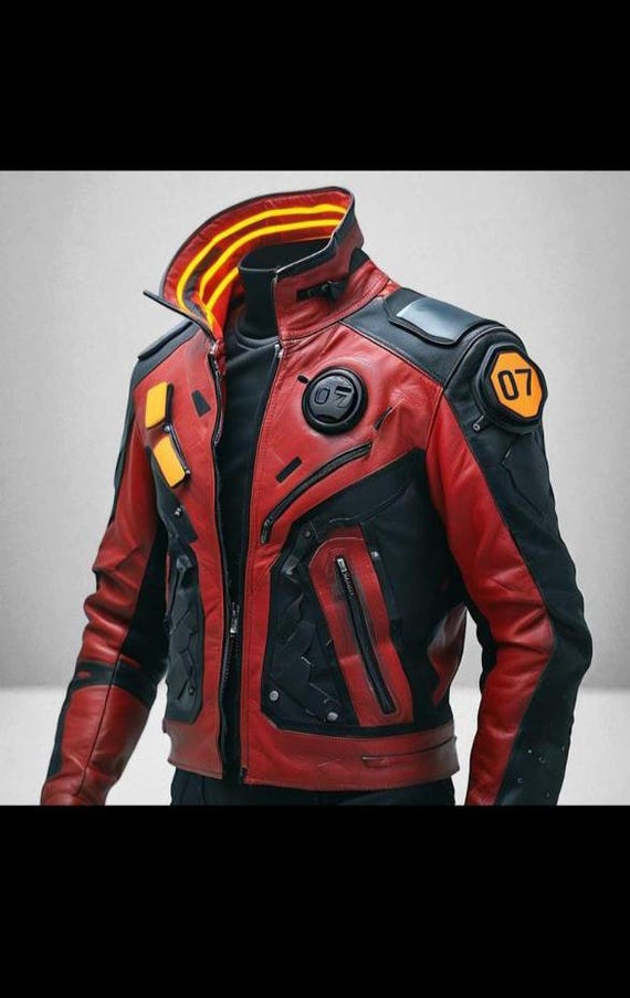 Handmade Cyberpunk Leather Jacket: LED Collar Techwear, Sci-Fi Cosplay