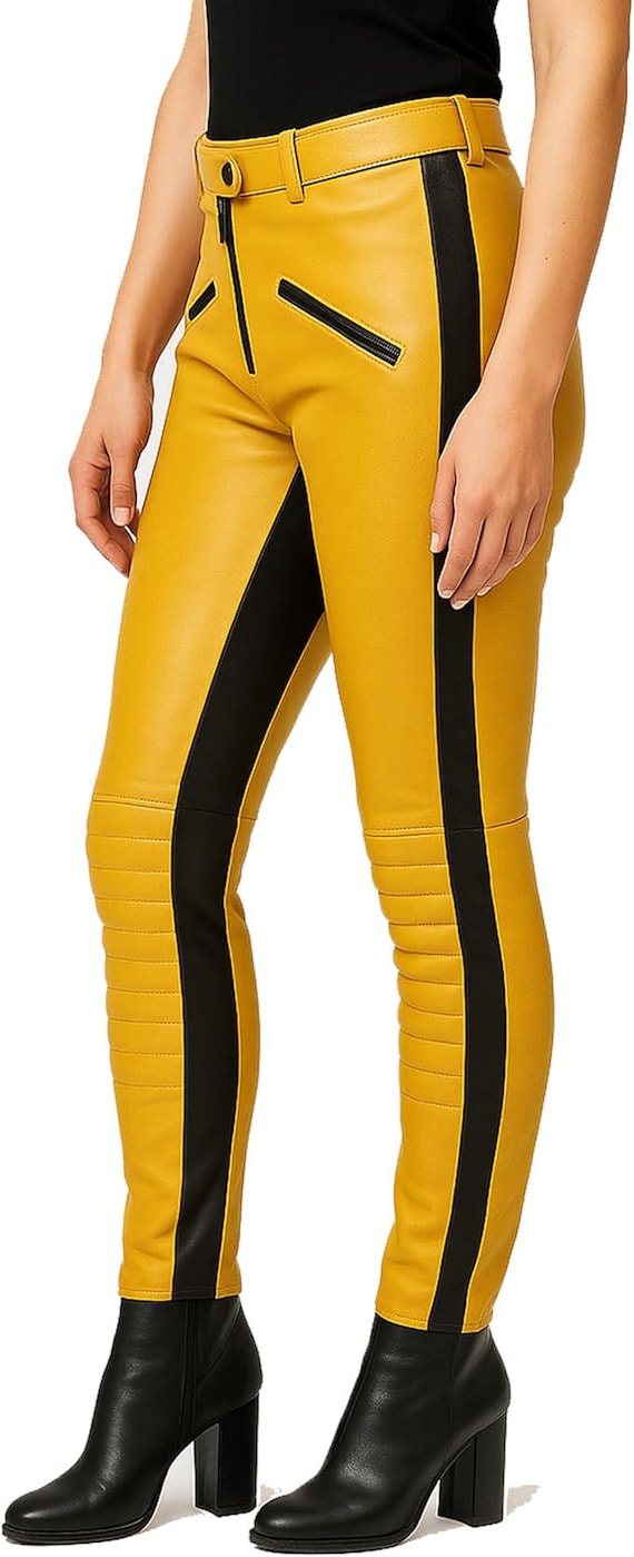women pant Fashion_First Uma Thurman Kill Bill The Bride Ladies Leather Trousers - Yellow - Yellow