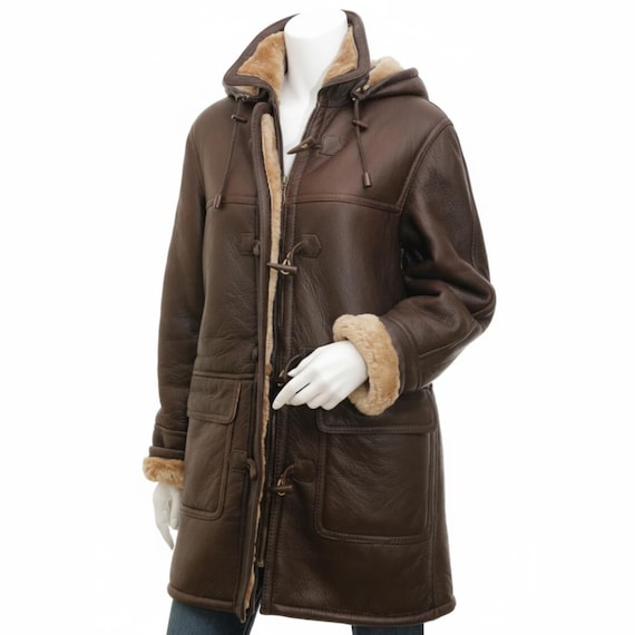 Men’s Brown Hooded Sheepskin Duffle Coat – Genuine Leather, Fur-Lined Trench, Detachable Hood