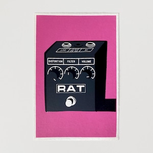 May include: A black RAT guitar effects pedal with white text and knobs, set against a vibrant pink background. The pedal features controls for distortion, filter, and volume. The image is a print on white paper.
