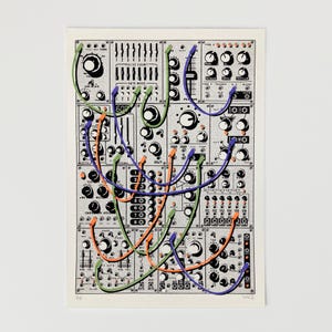 May include: A screen print illustration of a modular synthesizer panel featuring a light gray background with black control knobs, sliders, and text labels. The design includes interconnected patch cables in vibrant green, orange, and purple.