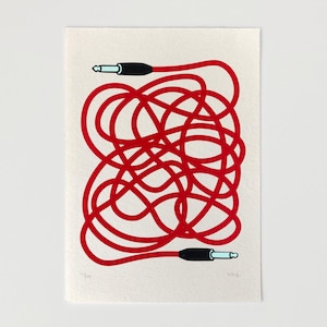May include: A rectangular art print on off-white paper featuring a screen-printed illustration of a long, tangled red audio cable. The cable has black connectors at both ends with silver-colored metal tips, creating a complex, looping pattern.