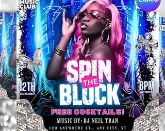 Spin The Block Party Flyer, Neon DJ Music Event Template (Digital Download)