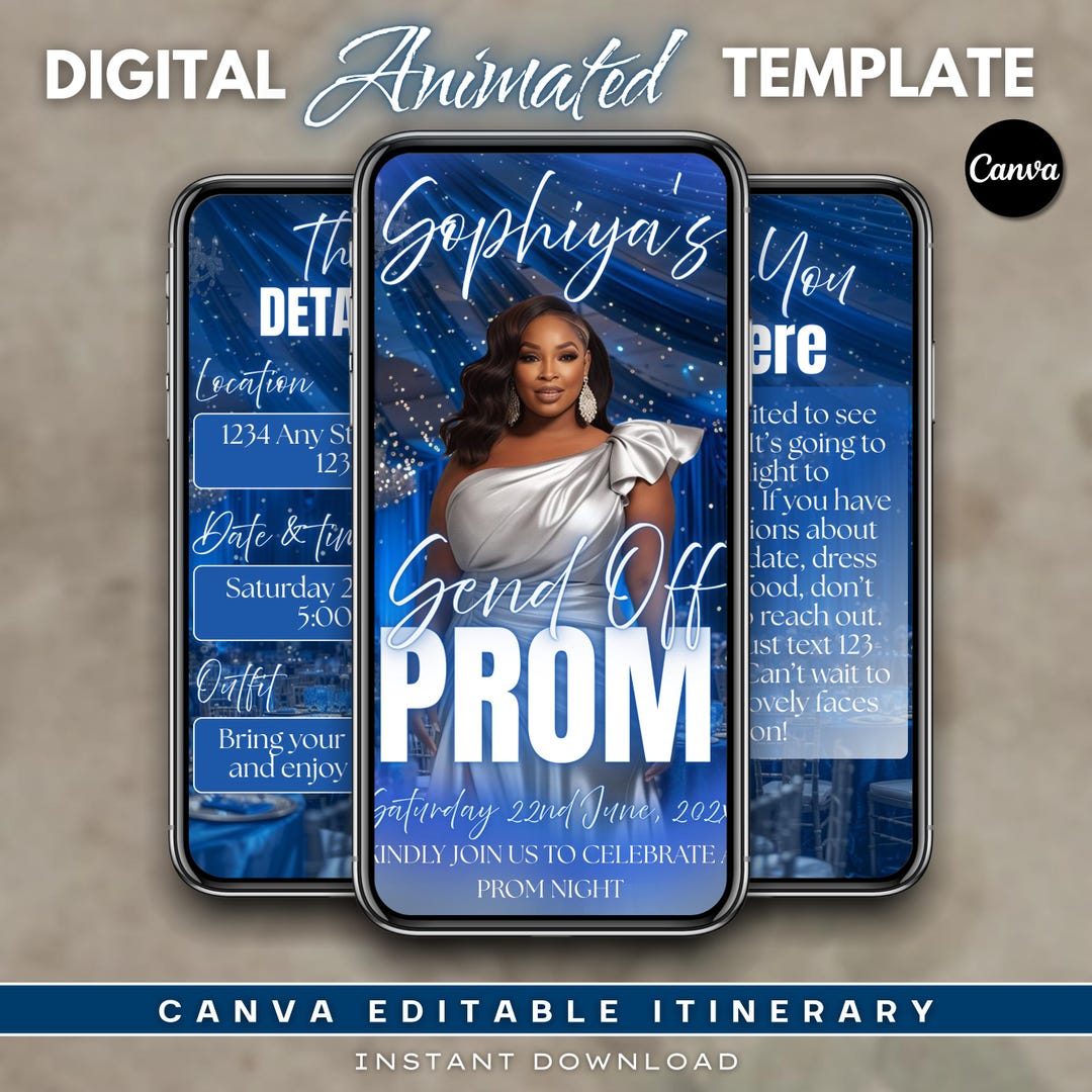 Prom Send off Invitation, Animated Blue Luxury Canva Template (digital ...
