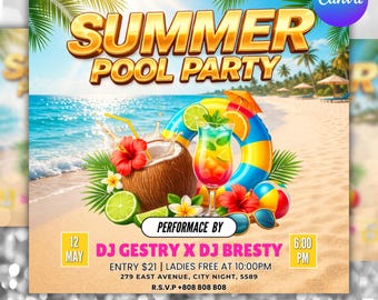 Summer Party Flyer Template | Beach Party Invitation | DJ Event Flyer | Tropical Summer Poster | Pool Party Invite | Canva Editable Flyer