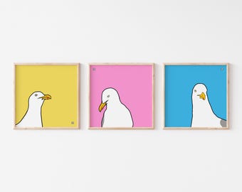 Set of 3 - Vibrant Beach Decor Prints - Seagull Wall Art - Herring Gull