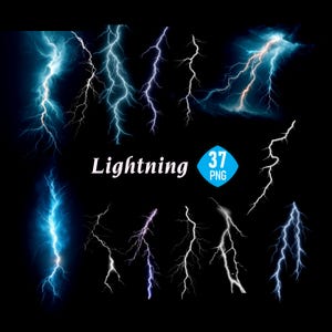 May include: A collection of 37 PNG lightning bolt graphics in various shades of blue, white, and purple against a black background. The word "Lightning" is displayed in white text, with a blue and white "37 PNG" badge.