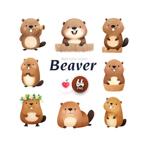 May include: A collection of watercolour clipart illustrations of cartoon beavers. The beavers are depicted in different poses, some holding objects or sitting on logs. The text "Beaver" is displayed in a dark blue font, with a heart and the number 64.
