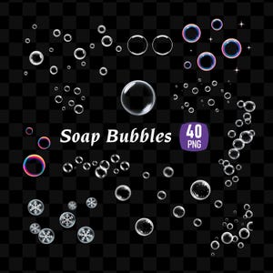 May include: A collection of transparent soap bubbles of various sizes, some with rainbow iridescence, against a black, checkered background. The text "Soap Bubbles" is displayed in white, along with a purple badge that says "40 PNG".