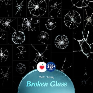 May include: A collection of various cracked glass textures on a black background. The image includes a photo overlay with the text "Broken Glass" and a heart-shaped logo with the text "250+ JPG".