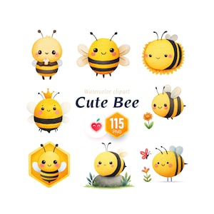 May include: Watercolor clipart featuring nine adorable cartoon bees in various poses. The bees are yellow and black with smiling faces and wings. The image includes the text "Cute Bee" and a graphic with the number "115".