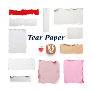 May include: A collection of torn paper pieces in various shapes and colors, including red, white, tan, and pink. The image includes the text "Tear Paper" and a graphic with a heart and the number "105 PNG".