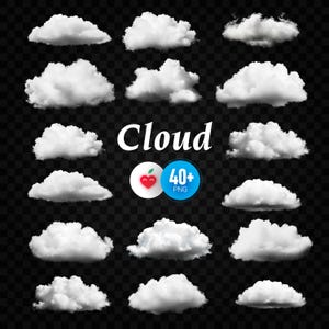 Könnte beinhalten: Eine Sammlung flauschiger, weißer Wolken-PNG-Bilder auf transparentem Hintergrund. Das Wort "Cloud" wird in weißem Text angezeigt, zusammen mit einem Logo und dem Text "40+ PNG".
