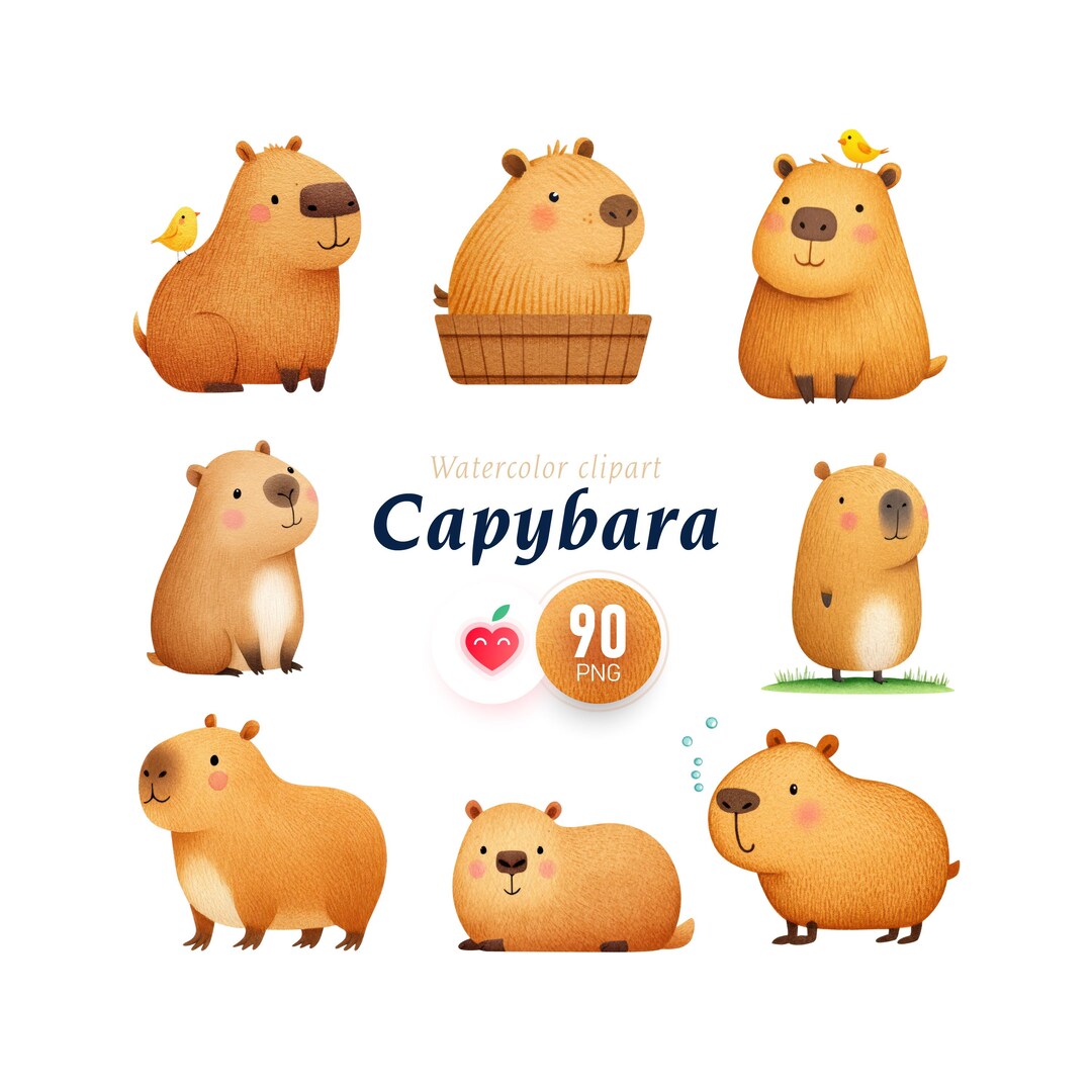 Watercolor Capybara Clipart Bundle, Cute Capybara PNG, Baby Animal ...